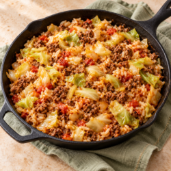 AI illustration of cooked ground beef, cabbage and rice in a skillet.