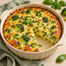 AI illustration of a golden crustless broccoli and basil egg pie with a wedge removed.