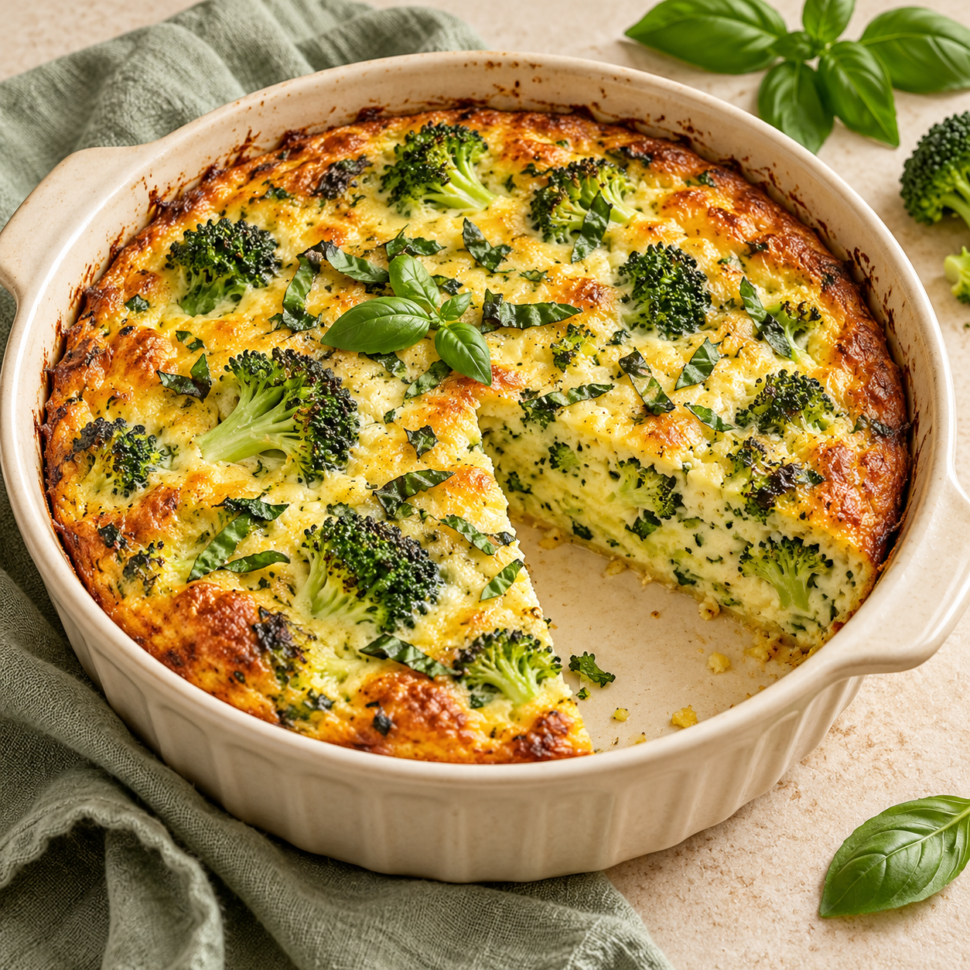 AI illustration of a golden crustless broccoli and basil egg pie with a wedge removed.