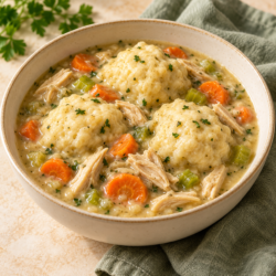 AI illustration of chicken and vegetable stew topped with steamed drop dumplings.