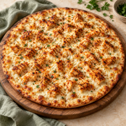 AI illustration of a thin-crust pizza with Alfredo sauce, mozzarella and Cajun-spiced chicken.