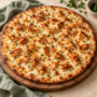 AI illustration of a thin-crust pizza with Alfredo sauce, mozzarella and Cajun-spiced chicken.