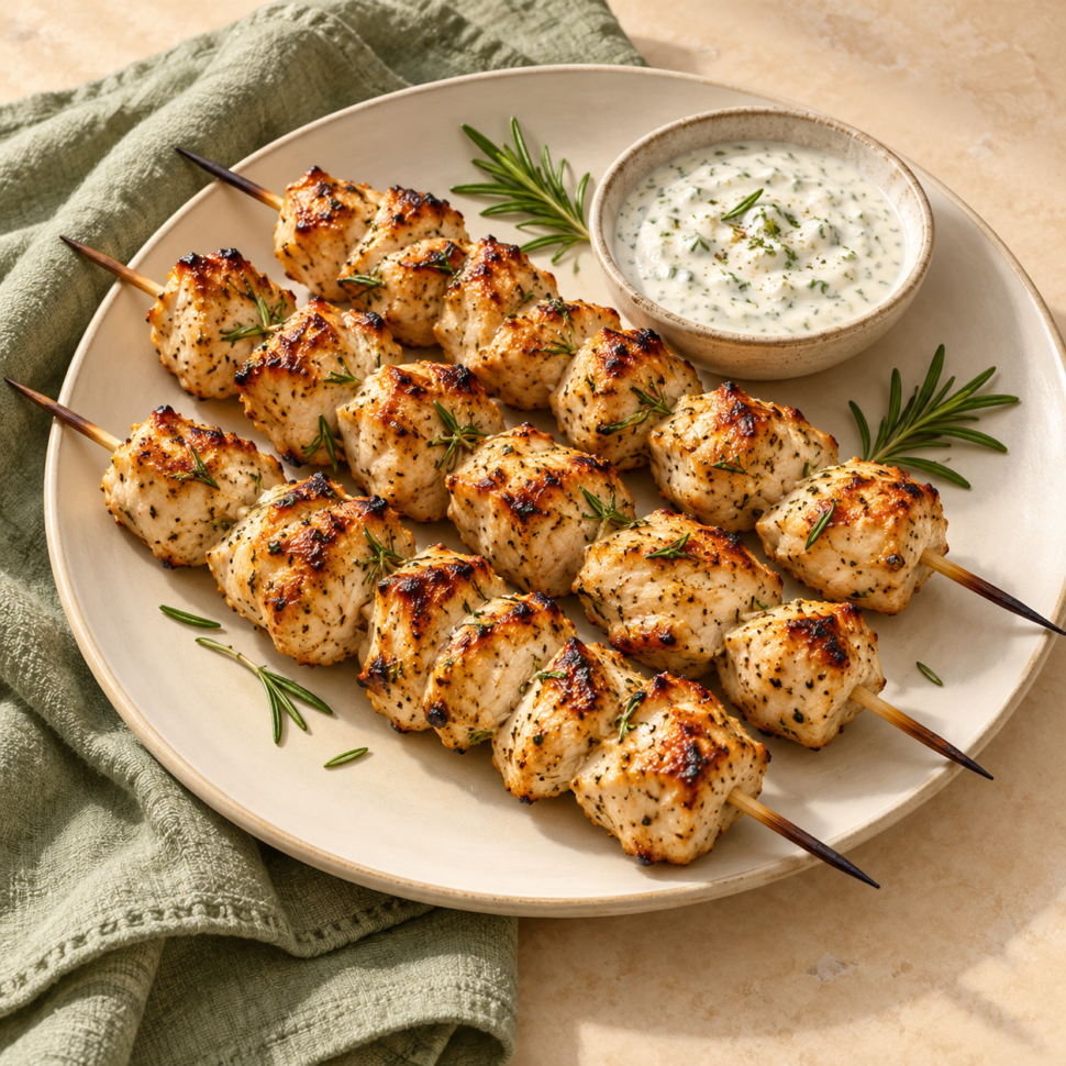 AI illustration of grilled chicken skewers flecked with rosemary beside a bowl of creamy sauce.
