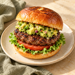AI illustration of a browned beef burger topped with guacamole, lettuce and tomato.