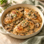 AI illustration of golden chicken breasts in cream sauce with sliced mushrooms.