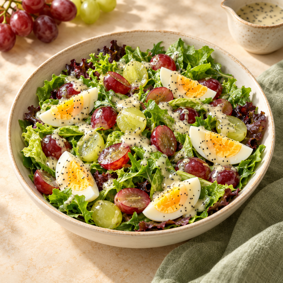 AI illustration of leafy salad with grapes, hard-boiled egg wedges and poppy seed dressing.