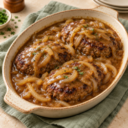 AI illustration of browned hamburger steaks topped with onion gravy.