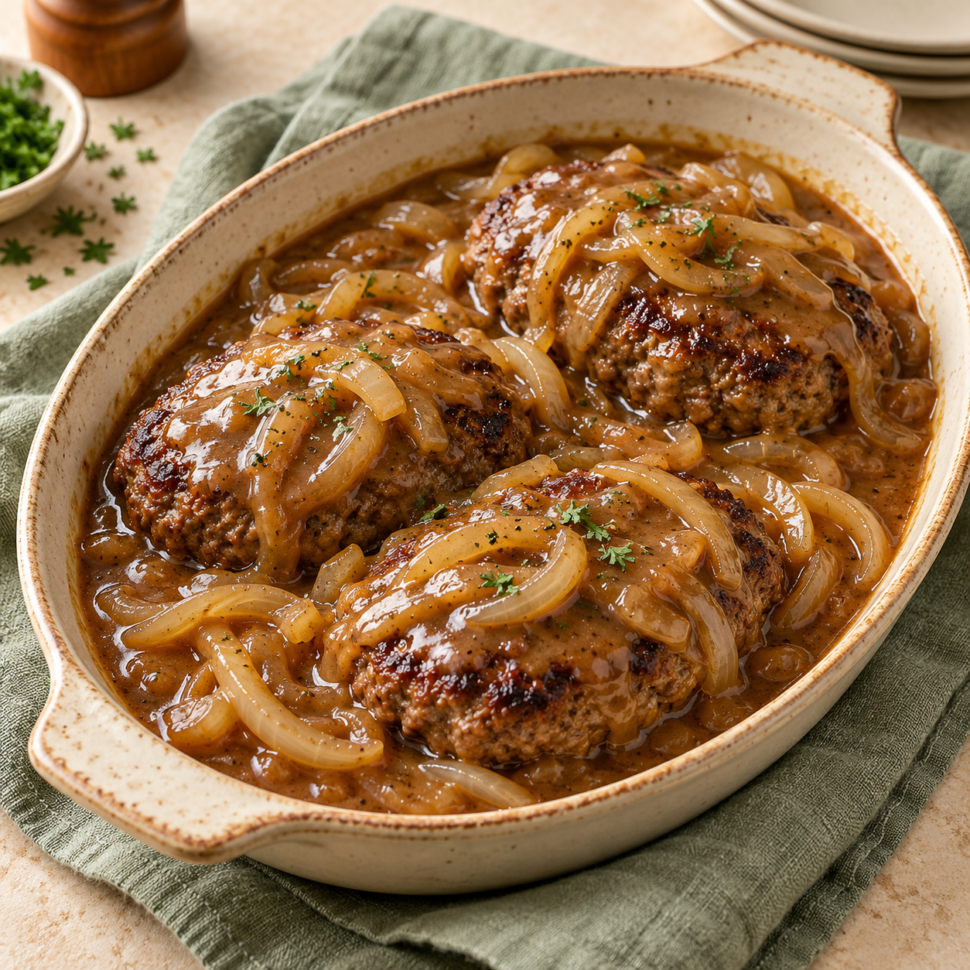 AI illustration of browned hamburger steaks topped with onion gravy.