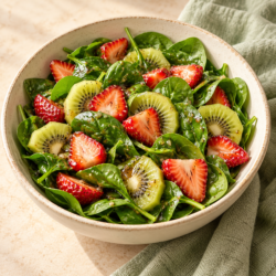 AI illustration of baby spinach with sliced strawberries and kiwi in a ceramic bowl.