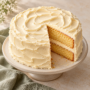 AI illustration of a two-layer golden cake with cream cheese frosting and one slice removed.