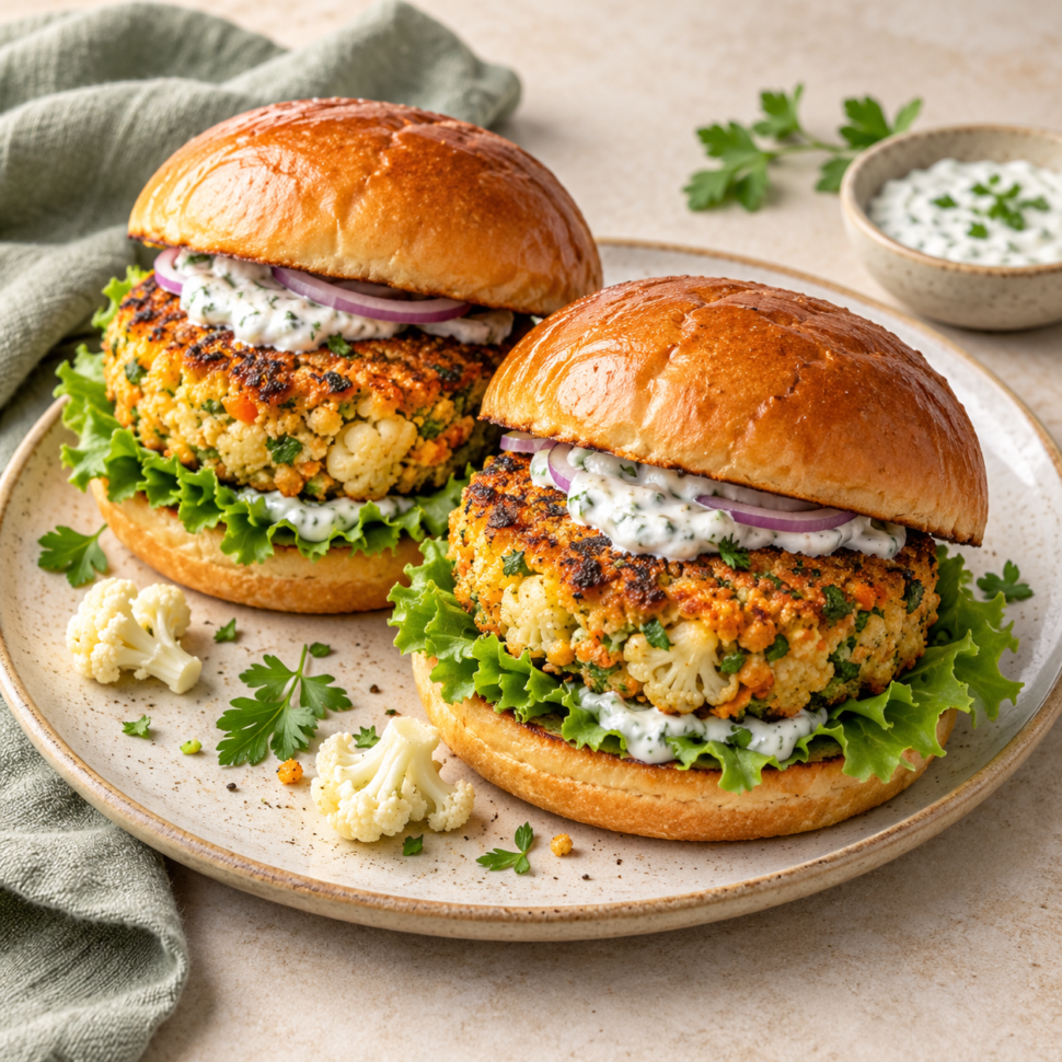 AI illustration of golden cauliflower burgers in buns with lettuce and yogurt sauce.