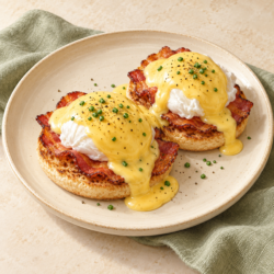 AI illustration of eggs Benedict with bacon and hollandaise on toasted muffin halves.