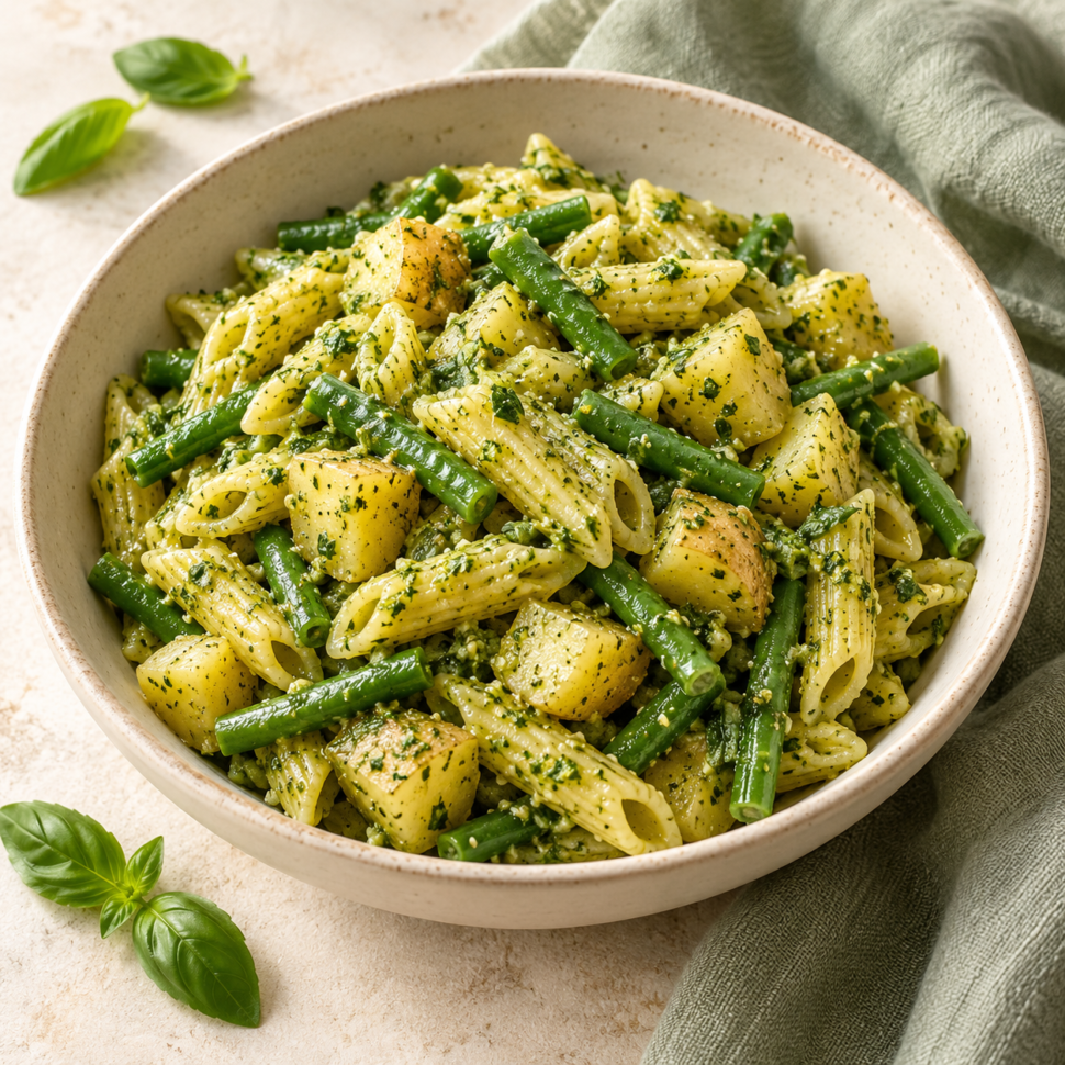 AI illustration of basil pesto pasta with potato cubes and green beans.