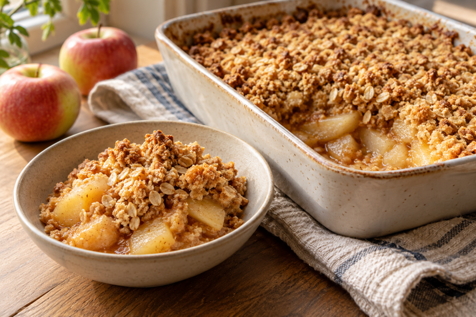 AI illustration of apple and oat crumble in a baking dish with a serving in a bowl.