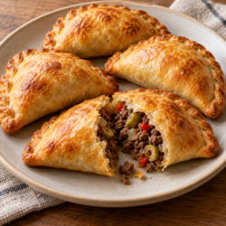 AI illustration of golden baked beef empanadas, one opened to show beef, peppers and olives.