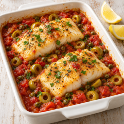 AI illustration of baked cod fillets in tomato sauce with green olives, capers, parsley and lemon.