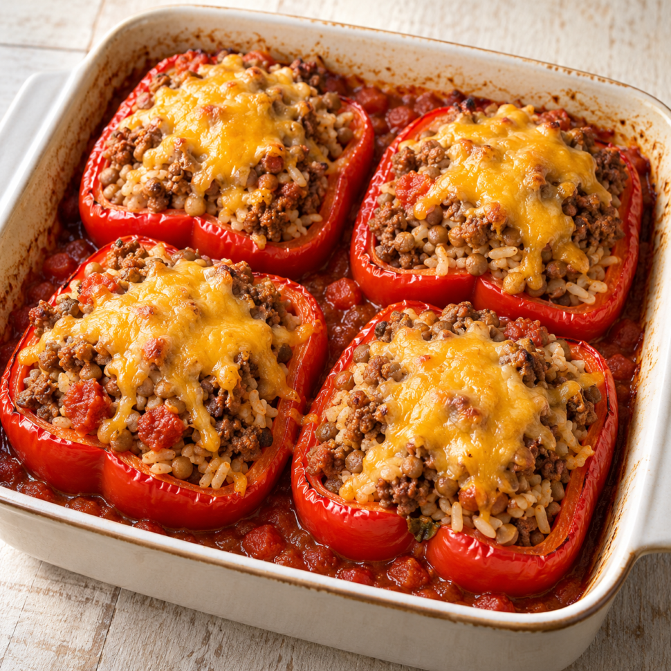 AI illustration of red pepper halves filled with beef, lentils, rice and tomato, topped with melted cheddar.