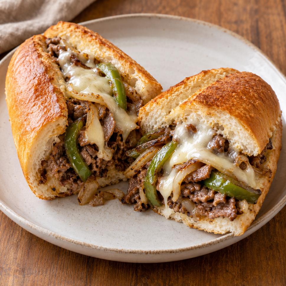 AI illustration of a beef cheesesteak roll with onions, green pepper and melted cheese.