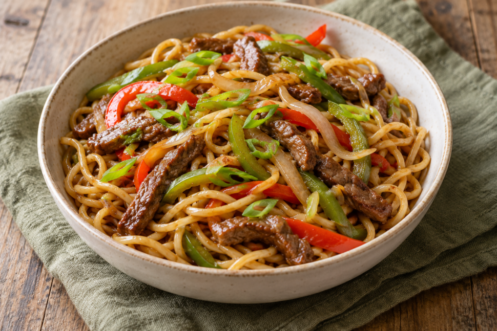 AI illustration of noodles with sliced beef, red and green peppers and spring onion.