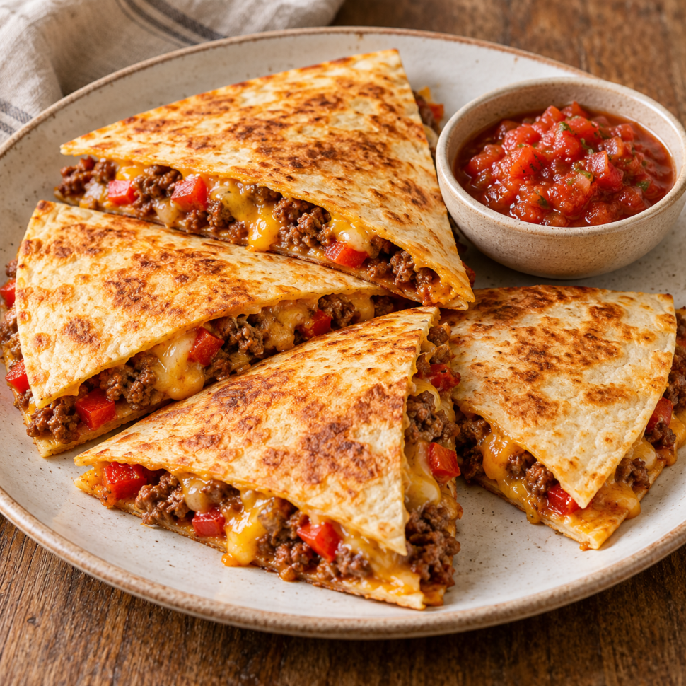 AI illustration of golden beef and pepper quesadilla wedges with melted cheese and salsa.