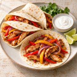 AI illustration of chicken fajita wraps with red and yellow peppers, onion, lime and yogurt sauce.