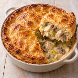 AI illustration of a golden puff pastry chicken pie with a portion removed to show mushrooms, leeks and creamy sauce.