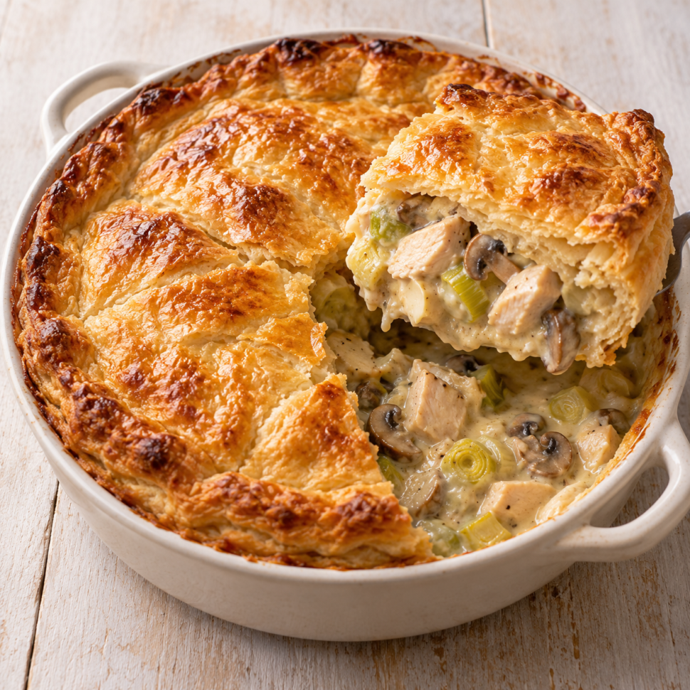 AI illustration of a golden puff pastry chicken pie with a portion removed to show mushrooms, leeks and creamy sauce.