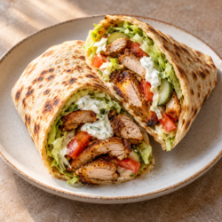 AI illustration of chicken shawarma-inspired flatbread wraps with salad, pickles and garlic yogurt.