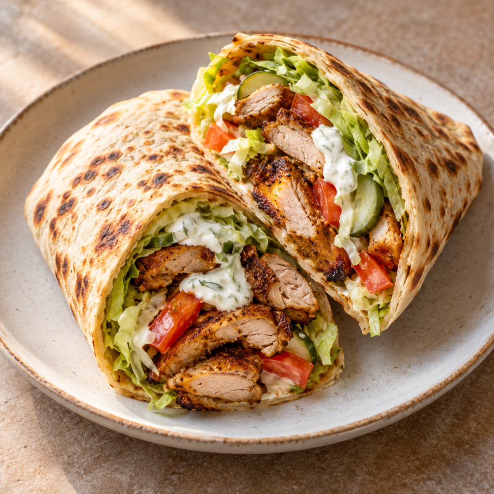 AI illustration of chicken shawarma-inspired flatbread wraps with salad, pickles and garlic yogurt.