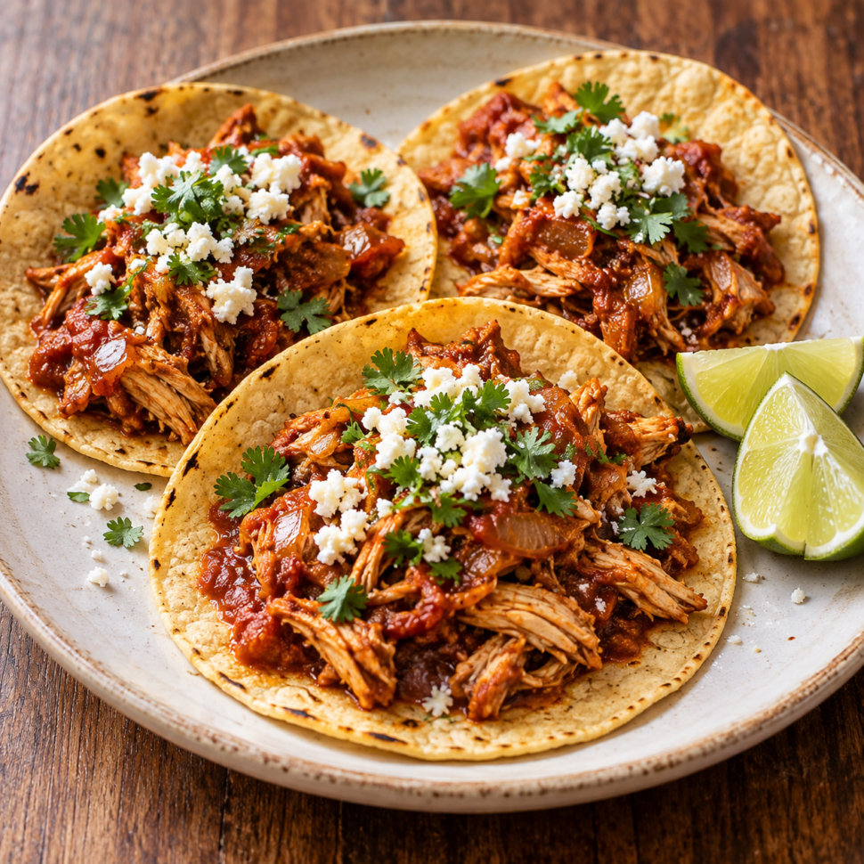 AI illustration of shredded chicken tinga tacos with tomato-chipotle sauce, white cheese and cilantro.