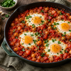 AI illustration of four eggs cooked in tomato and pepper sauce with chickpeas and parsley.