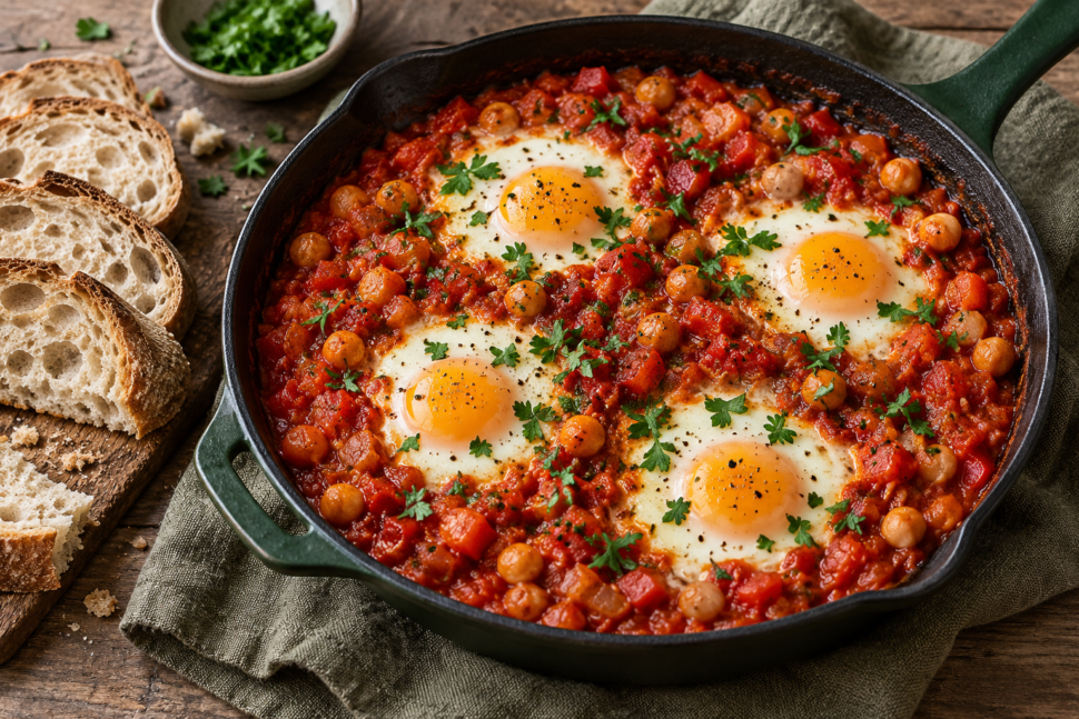AI illustration of four eggs cooked in tomato and pepper sauce with chickpeas and parsley.
