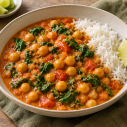 AI illustration of chickpea and spinach coconut curry with basmati rice and a lime wedge.
