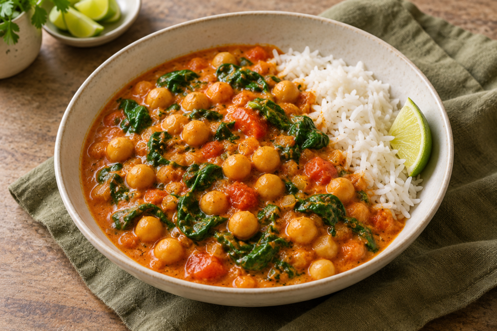 AI illustration of chickpea and spinach coconut curry with basmati rice and a lime wedge.