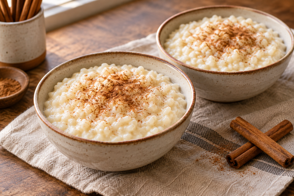 AI illustration of creamy short-grain rice pudding with a light cinnamon topping in two bowls.