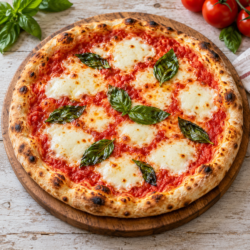AI illustration of a Margherita pizza with tomato sauce, melted fresh mozzarella, basil and a golden crust.