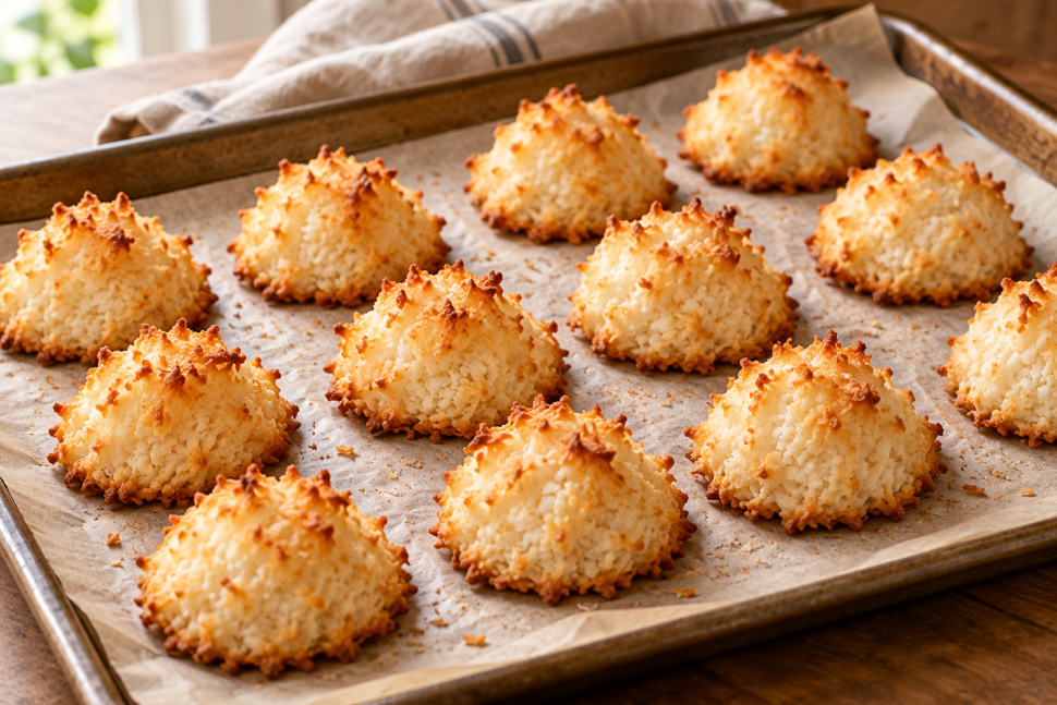 AI illustration of small coconut macaroons with golden tips on baking parchment.