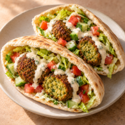 AI illustration of pita pockets filled with falafel, lettuce, tomato, cucumber and tahini sauce.
