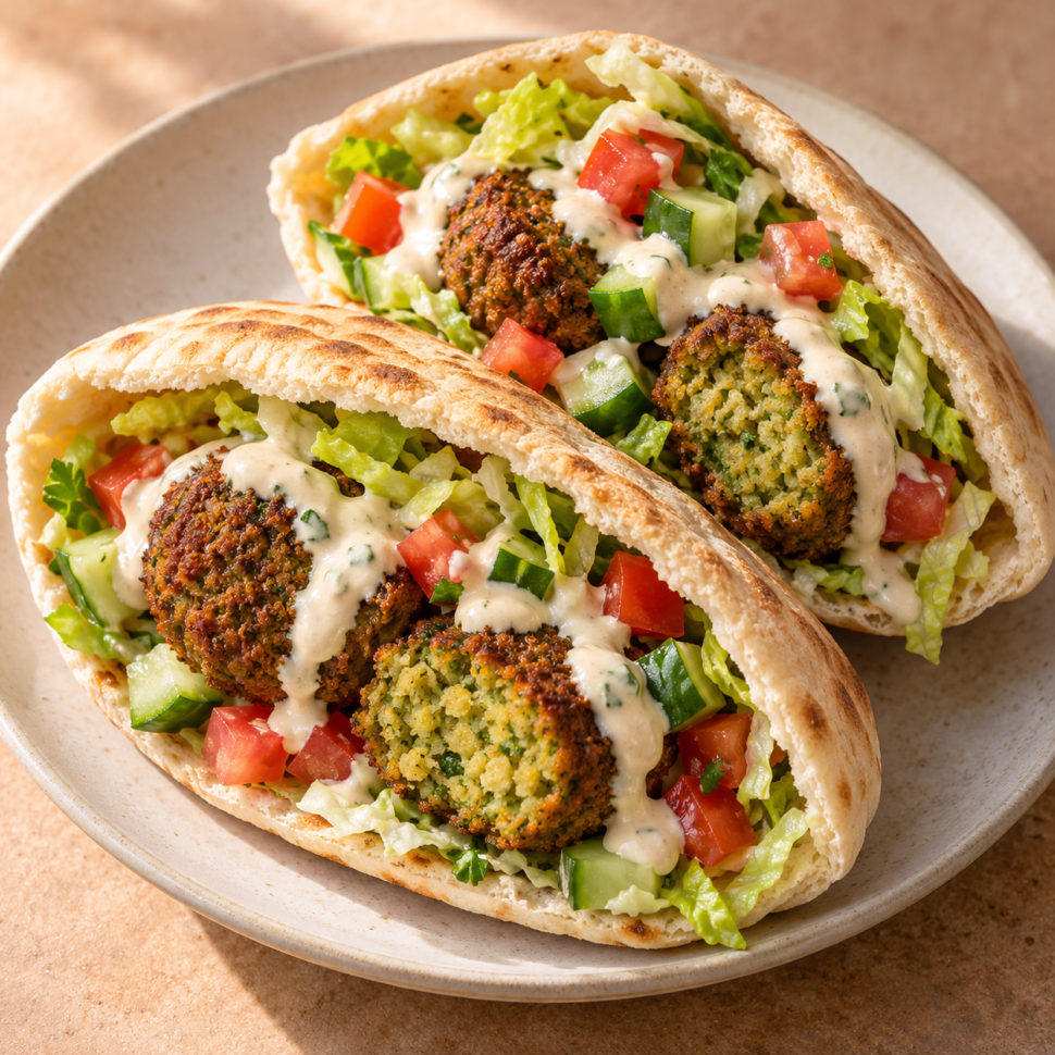 AI illustration of pita pockets filled with falafel, lettuce, tomato, cucumber and tahini sauce.