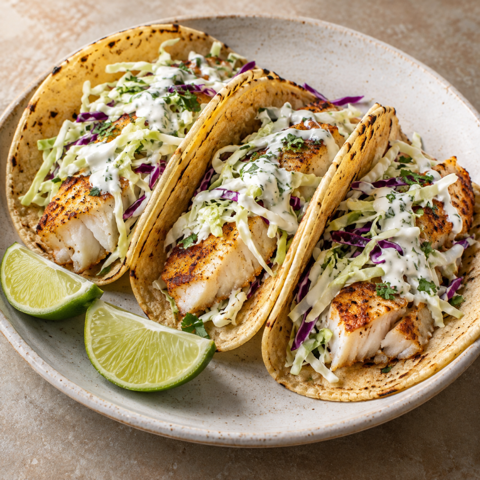 AI illustration of pan-seared white fish tacos with shredded cabbage and lime yogurt sauce.