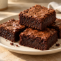 AI illustration of dark chocolate brownie squares with crackly tops on a cream plate.