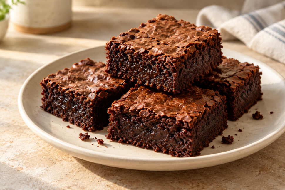 AI illustration of dark chocolate brownie squares with crackly tops on a cream plate.