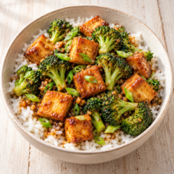 AI illustration of golden tofu and broccoli in ginger-garlic sauce over white rice with spring onion.