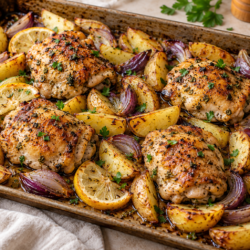 AI illustration of browned lemon chicken thighs with golden potato wedges and red onion on a baking tray.