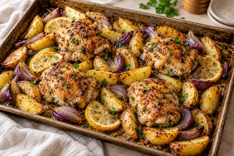 AI illustration of browned lemon chicken thighs with golden potato wedges and red onion on a baking tray.