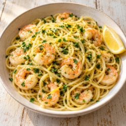 AI illustration of spaghetti with shrimp, garlic, lemon zest and parsley in a light olive-oil sauce.