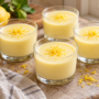 AI illustration of four glasses of pale lemon posset topped with lemon zest.
