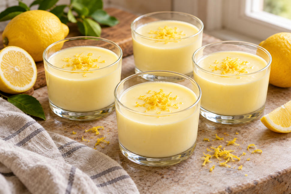 AI illustration of four glasses of pale lemon posset topped with lemon zest.
