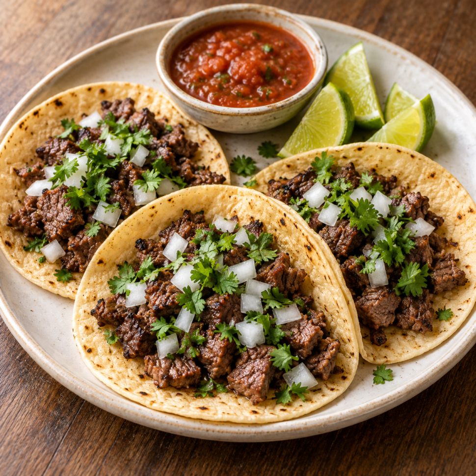 AI illustration of steak tacos in corn tortillas with onion, cilantro, lime and tomato salsa.