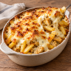 AI illustration of Moroccan-style chicken pasticcio with fries, béchamel and browned melted cheese.